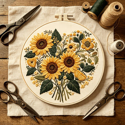Warm Sunflower Embroidery Kit — Beginner Full Tool Set | Thread, Needle, Hoop & Pattern Included