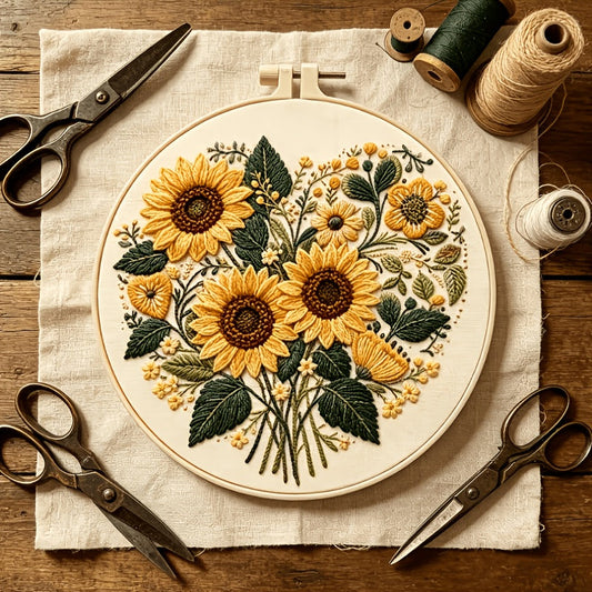 Warm Sunflower Embroidery Kit — Beginner Full Tool Set | Thread, Needle, Hoop & Pattern Included