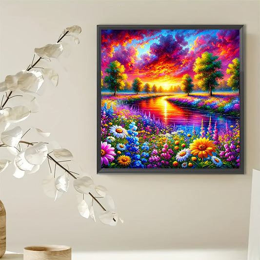 Sunset Riverbank Flower Sea — 5D Full Drill Diamond Painting Kit | Scenic Landscape Wall Art