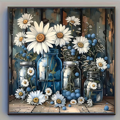 Completed floral diamond painting wall art display