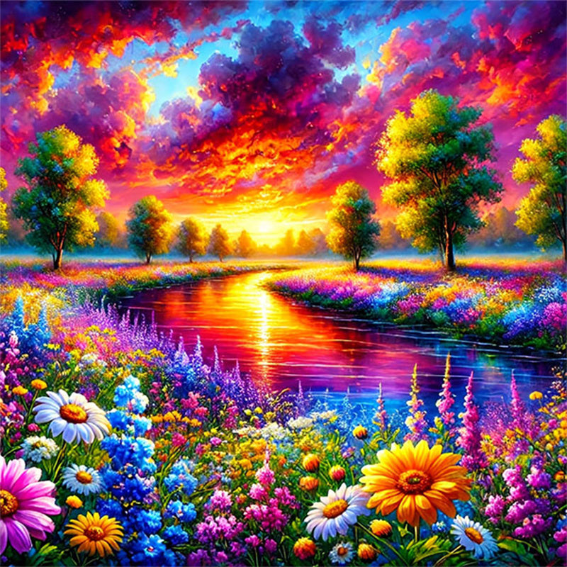 Sunset Riverbank Flower Sea — 5D Full Drill Diamond Painting Kit | Scenic Landscape Wall Art