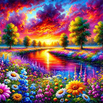 Sunset Riverbank Flower Sea — 5D Full Drill Diamond Painting Kit | Scenic Landscape Wall Art