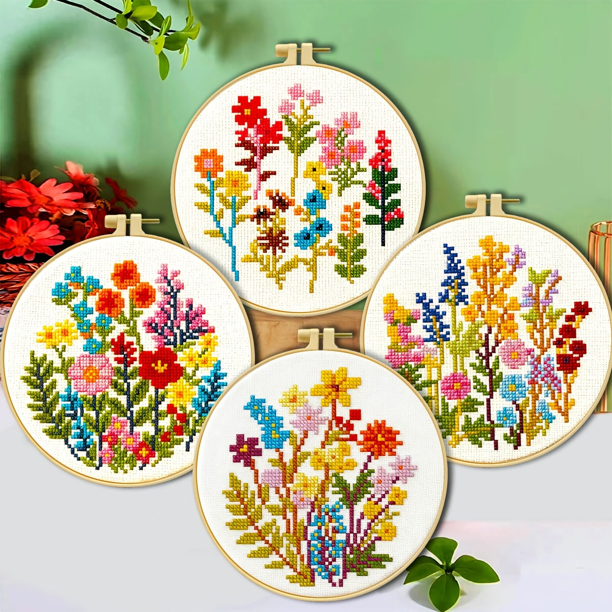 Floral Plant Printed Cross Stitch Kit — 11CT Evenweave Beginner Set | 3-Strand Thread | Wall Art Gift