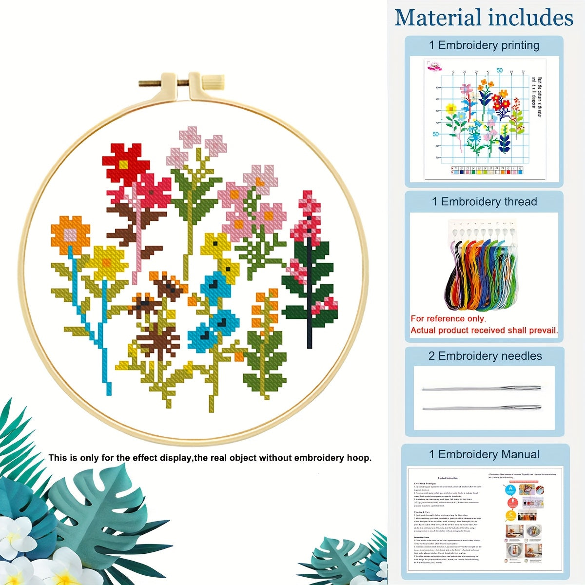 Floral Plant Printed Cross Stitch Kit — 11CT Evenweave Beginner Set | 3-Strand Thread | Wall Art Gift