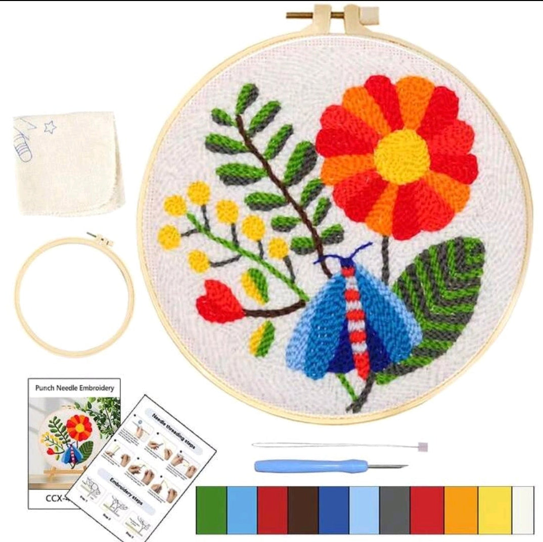 Beginner Punch Needle Embroidery Kit, Flower & Moth Design