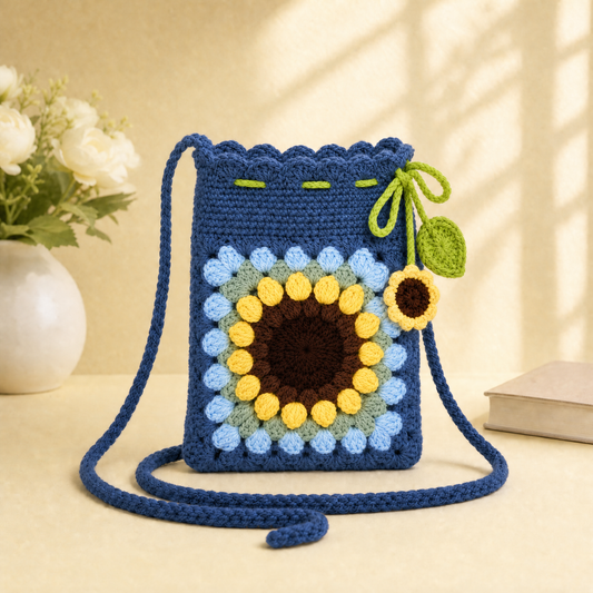 Sunflower Crochet Crossbody Bag – Blue | Beginner DIY Yarn Kit with Hook & Tutorial