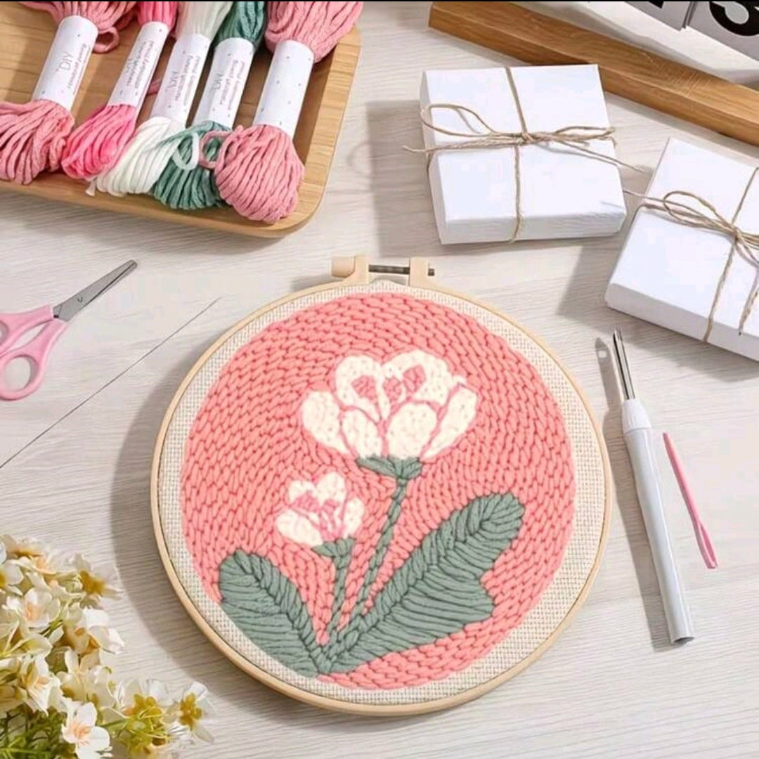 Poke Show Punch Needle Embroidery Kit, Pink Floral Theme
