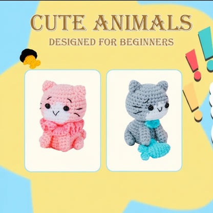 Cat Crochet Kit for Beginners – Grey, Orange, Pink & White Amigurumi Set (4pcs)