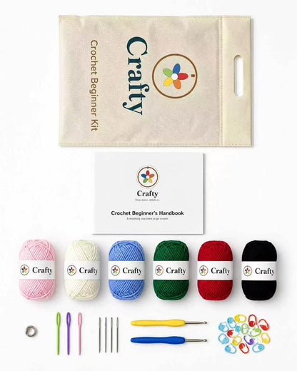CRAFTY Crochet Starter Kit with yarn, hooks, and beginner handbook