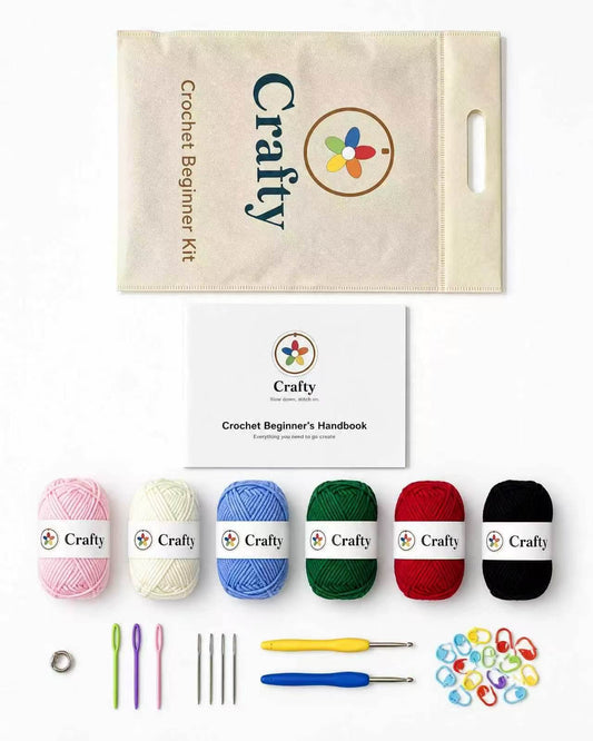 CRAFTY Crochet Starter Kit with yarn, hooks, and beginner handbook