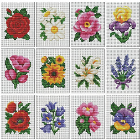 Mini Floral Cross-Stitch Kit Set of 12 - Roses, Sunflowers & Lilies