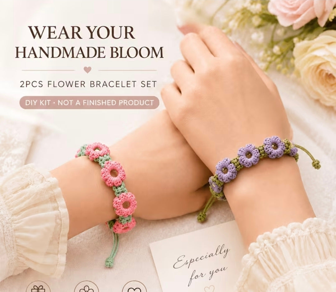 DIY Flower Bracelet Kit - 2pcs Crochet Floral Bracelet Set
