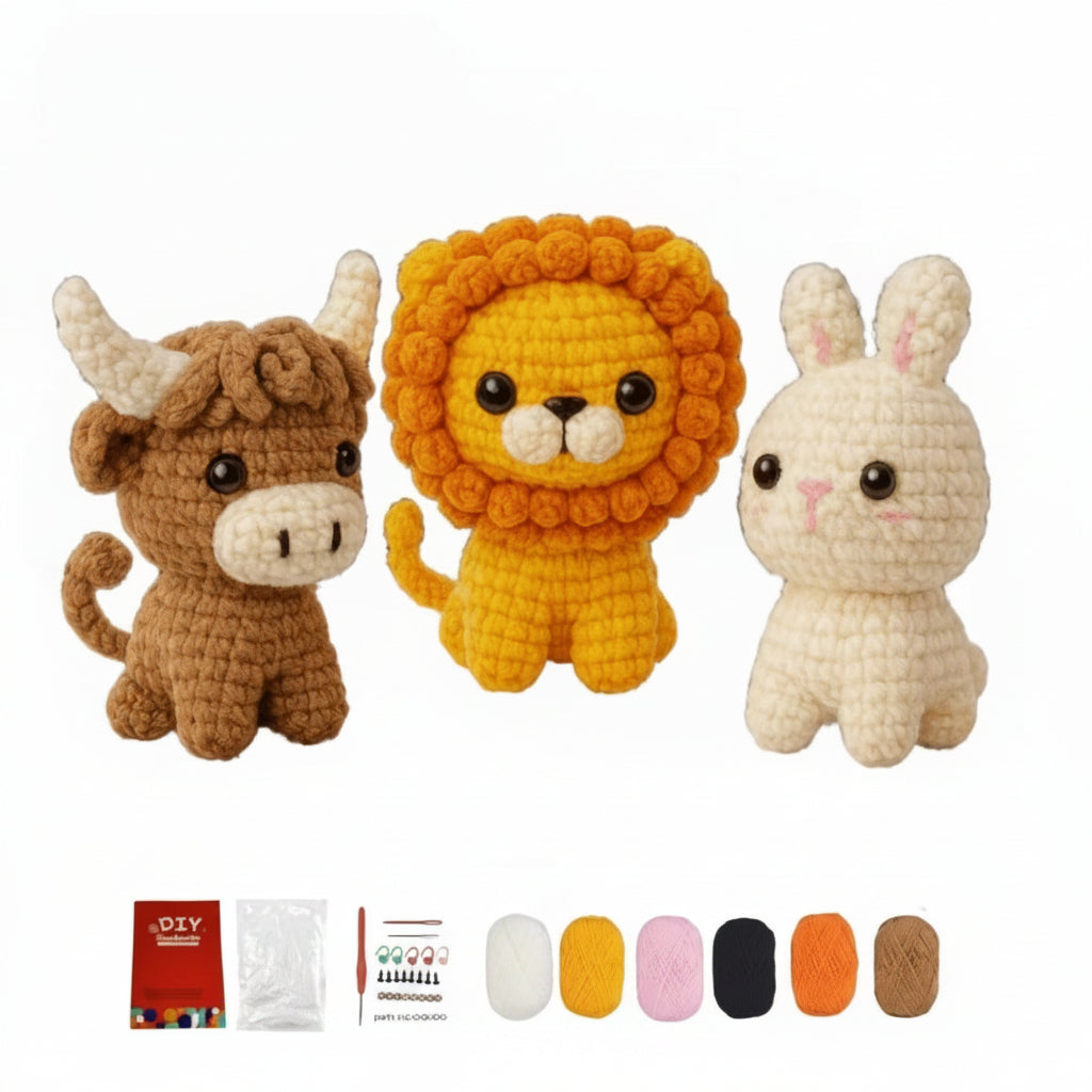 Bull, Lion & Bunny Crochet DIY Amigurumi Set (3pc)