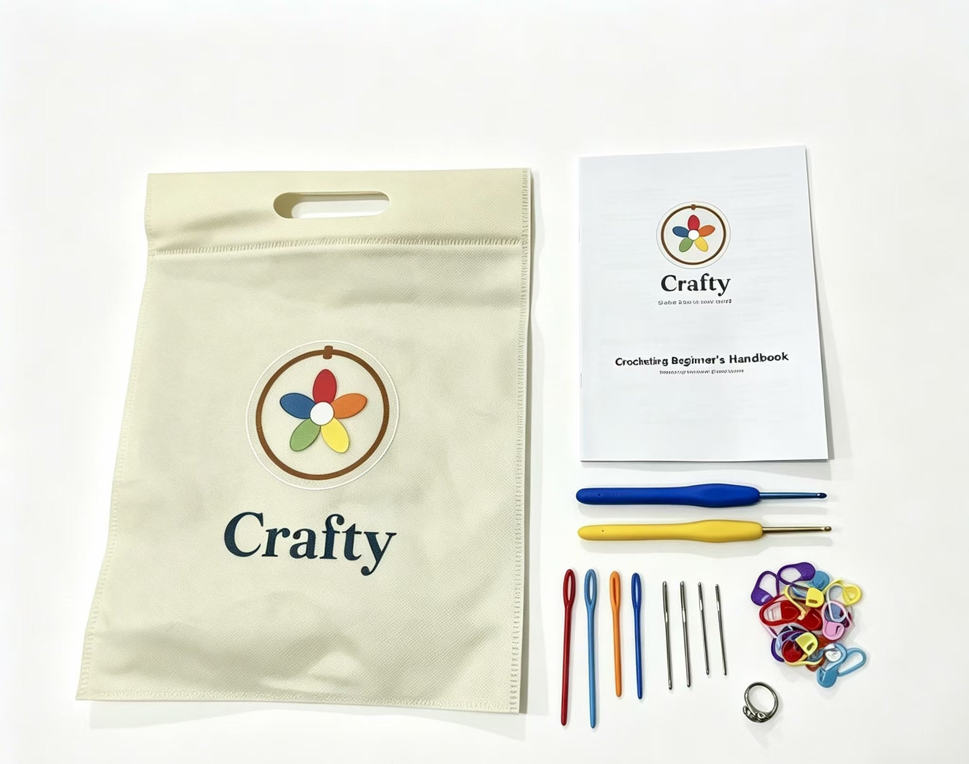 Crochet hooks, yarn needles, and stitch markers from Crafty kit