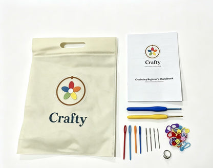 Crochet hooks, yarn needles, and stitch markers from Crafty kit