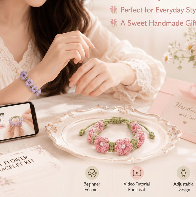 DIY Flower Bracelet Kit - 2pcs Crochet Floral Bracelet Set