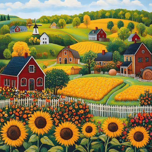 Countryside Farm Cottage Sunflower Windmill Cross-Stitch Kit 36x36cm