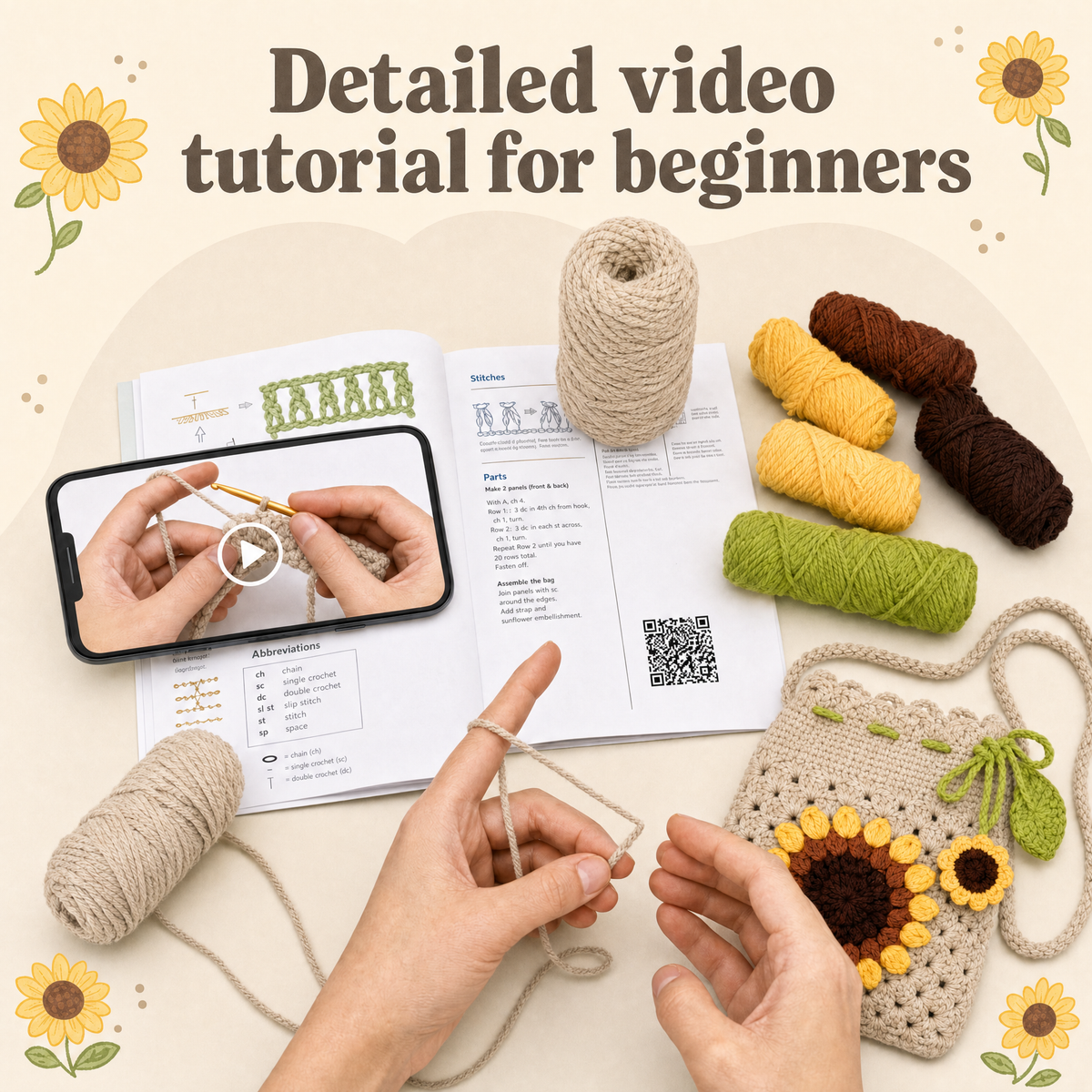 Sunflower Crochet Crossbody Bag – Light Beige | Beginner DIY Yarn Kit with Hook & Tutorial