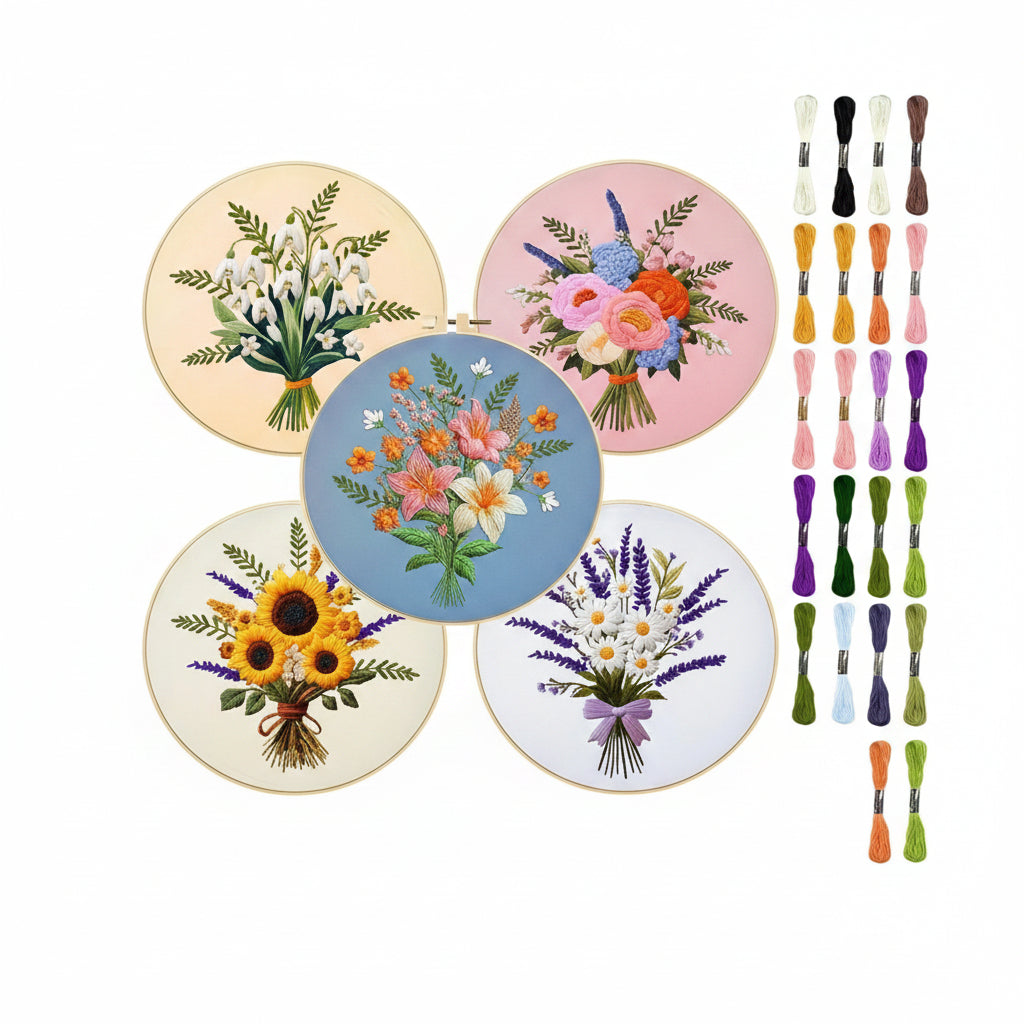 5-Piece Floral Bouquet Embroidery Hoop Kit Set