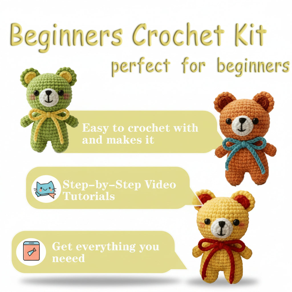 Beginner Crochet Bear Kit – 6 Cute Stuffed Bears DIY Set