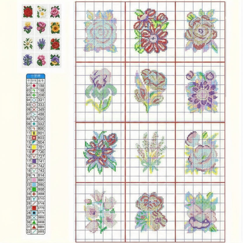 Mini Floral Cross-Stitch Kit Set of 12 - Roses, Sunflowers & Lilies
