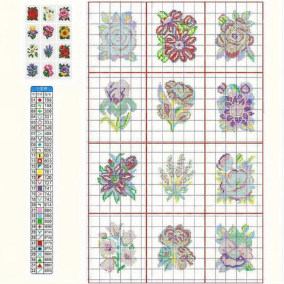 Mini Floral Cross-Stitch Kit Set of 12 - Roses, Sunflowers & Lilies
