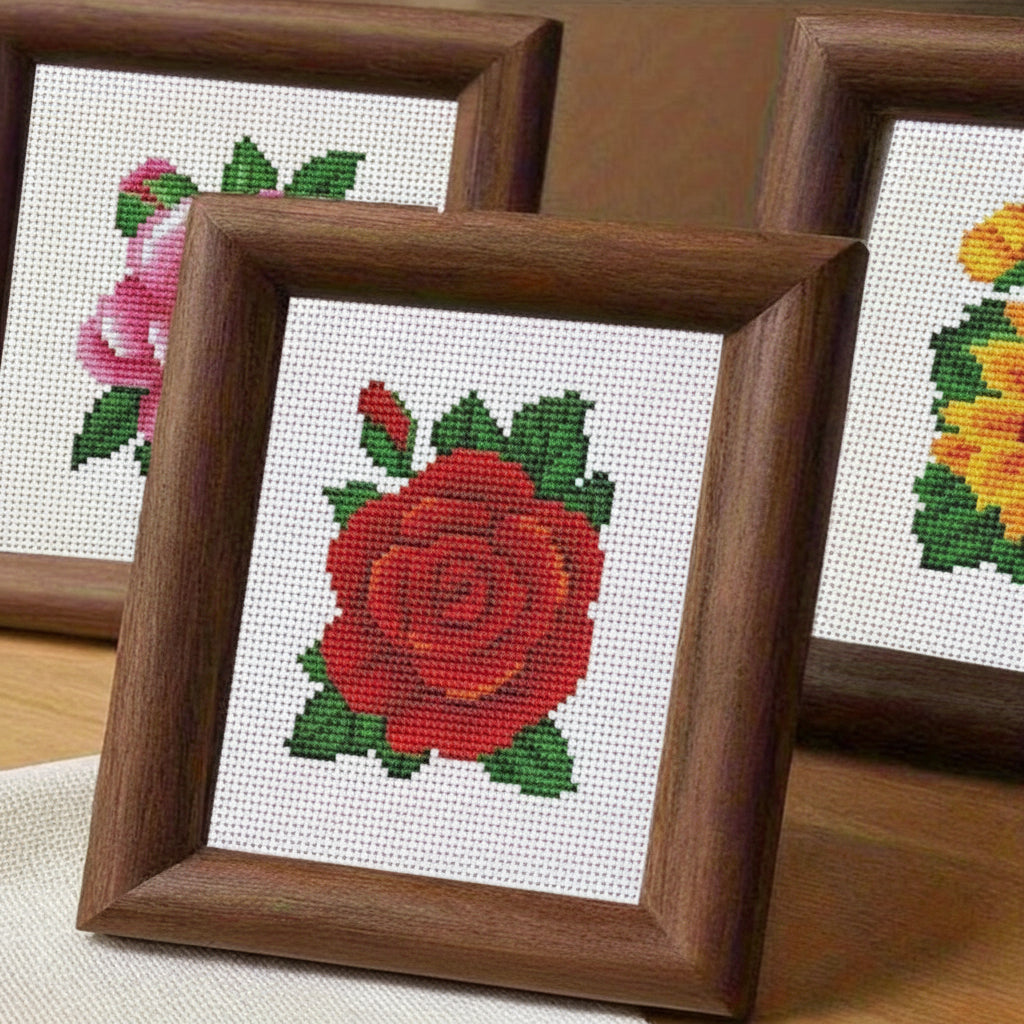 Mini Floral Cross-Stitch Kit Set of 12 - Roses, Sunflowers & Lilies